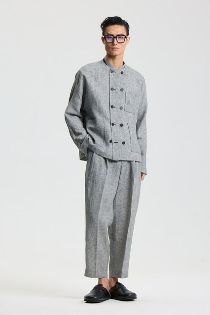 ‌Linen Houndstooth Ankle-Length Tapered Pants