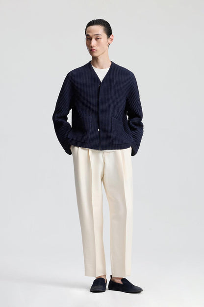 Dark Navy Wool-Blend Cardigan Jacket