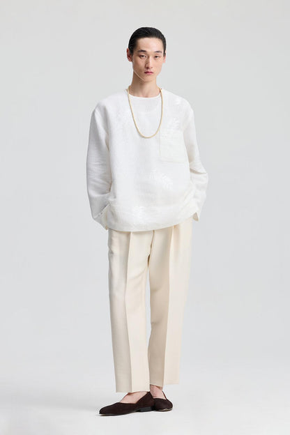 White Leaf Embroidered Round Neck Top