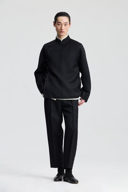 Black Double Face Wool Tapered Cropped Pants