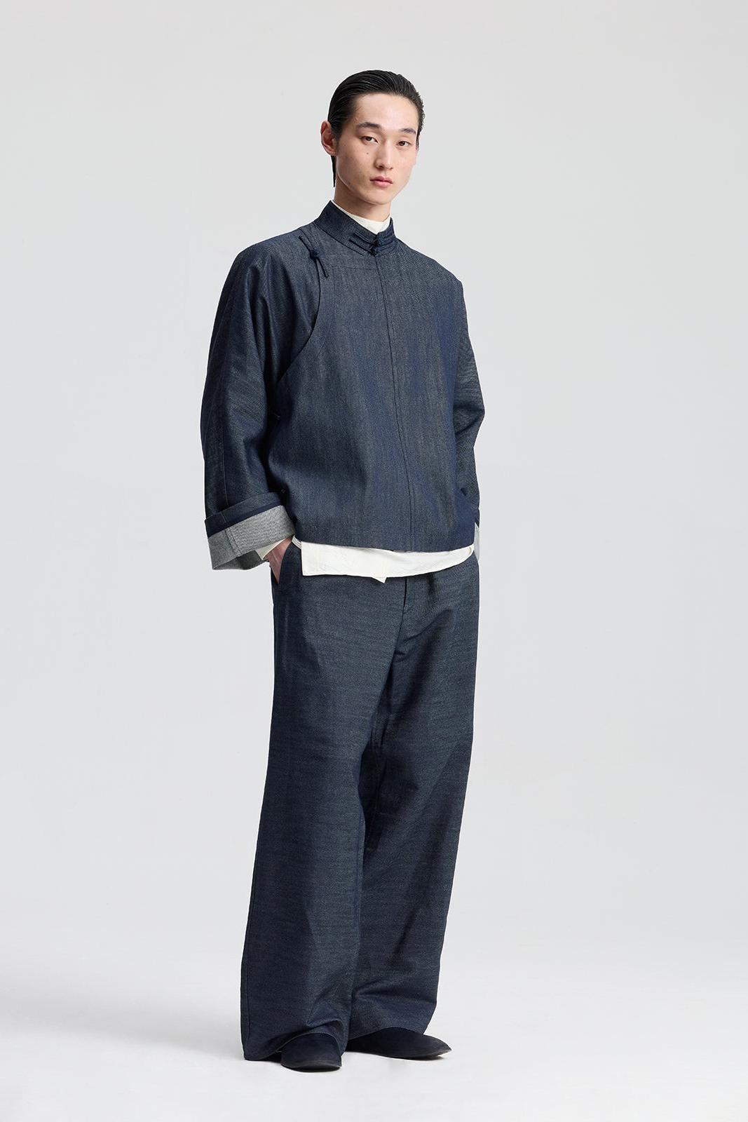 Navy denim Stiffened Drawstring Loose-Fit Trousers