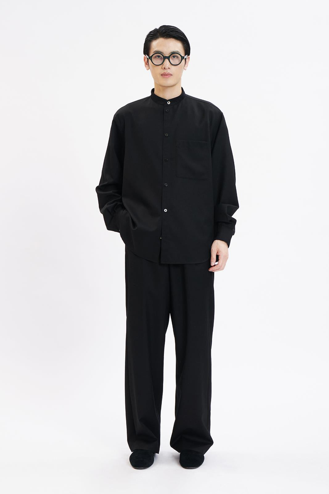 Black Thin Wool Elastic Waist Wide-leg Pants