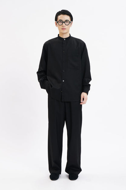 Black Thin Wool Elastic Waist Wide-leg Pants