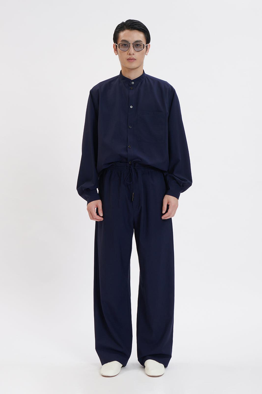 Navy Thin Wool Elastic Waist Wide Leg Pants