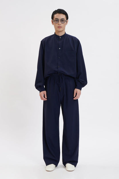Navy Thin Wool Elastic Waist Wide Leg Pants