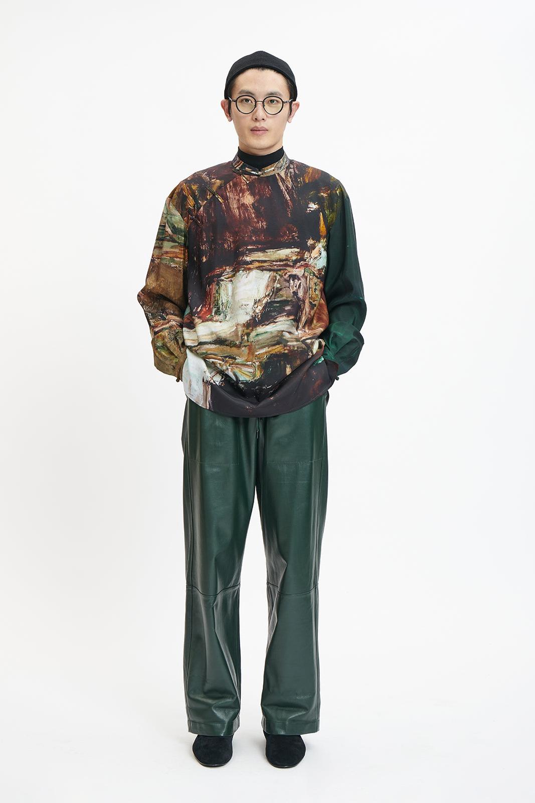 Dark Green Dragon Oil Paint  Silk Printed  Chinese Shirt