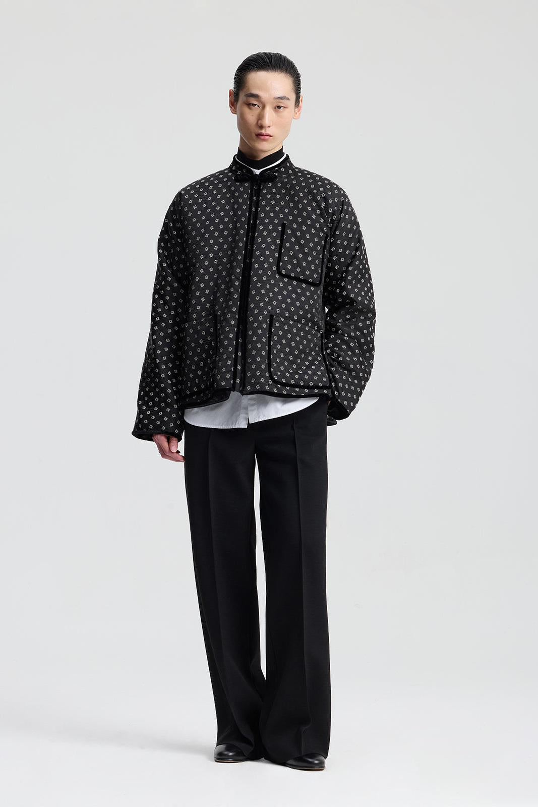 Black Jacquard Silk Padded Jacket with Velvet Pipping