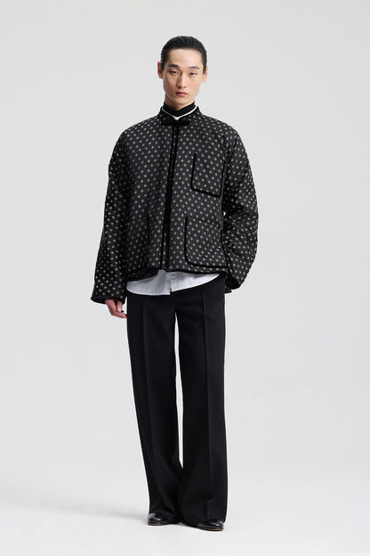 Black Jacquard Silk Padded Jacket with Velvet Pipping