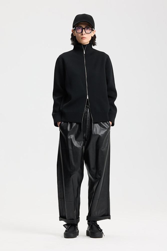 Black Double-Faced Knit Stand Collar Cardigan