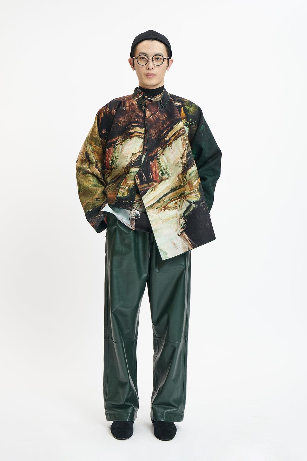 Dark Green Dragon Oil Paint Wool Printed Chinese Jacket