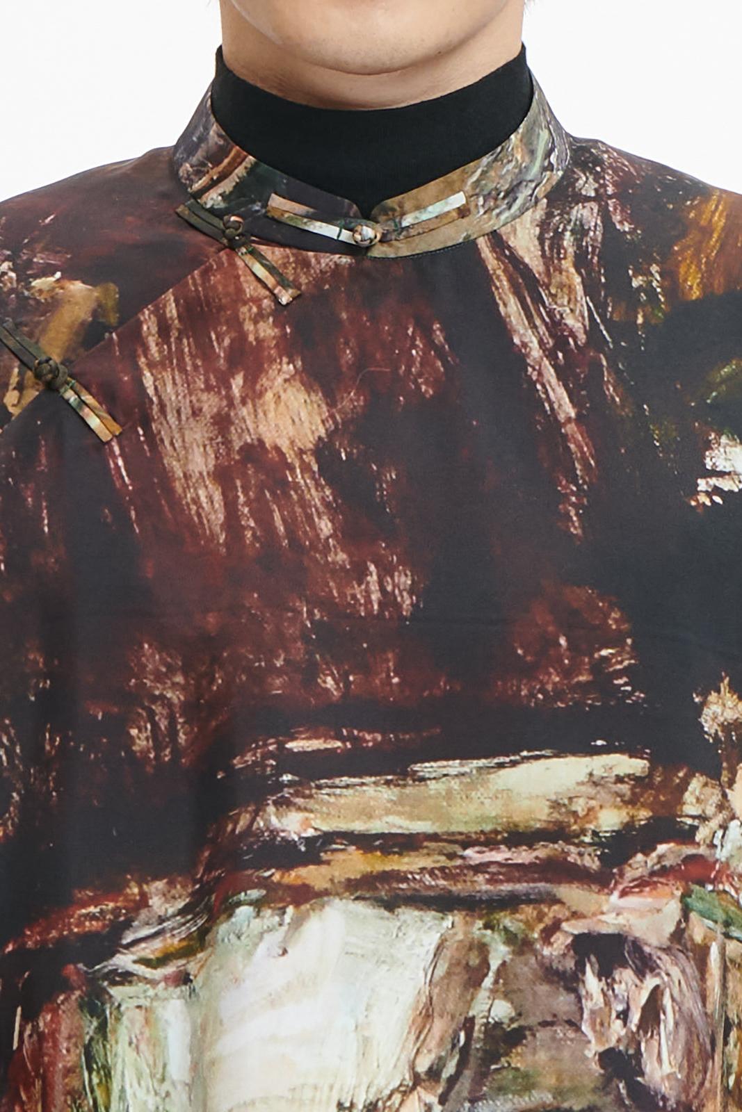 Dark Green Dragon Oil Paint  Silk Printed  Chinese Shirt