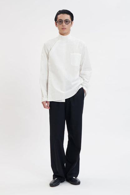 White Cotton Chinese Stand Collar Shirt