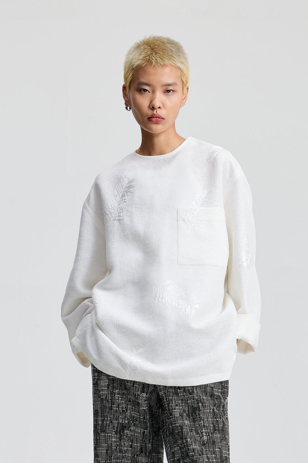 White Leaf Embroidered Round Neck Top