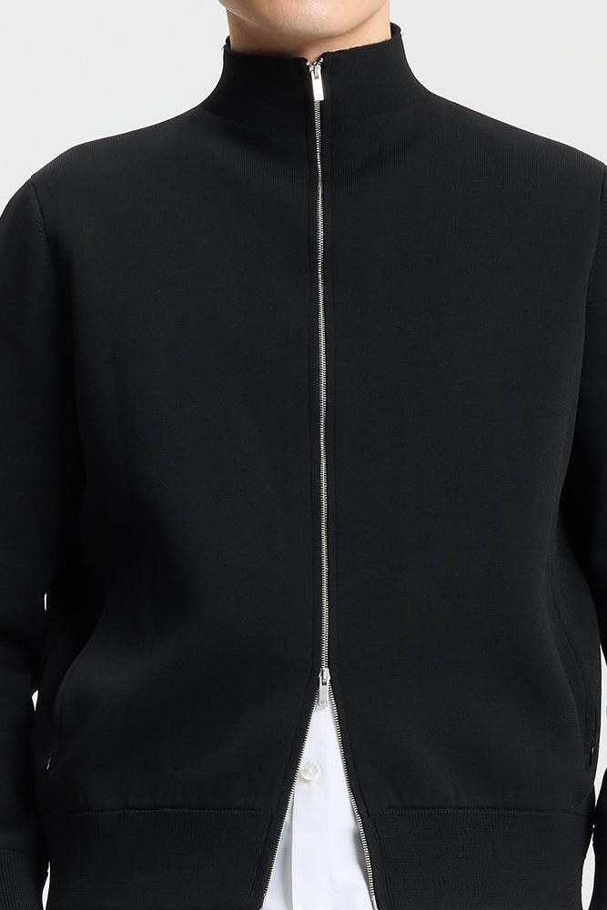 Black Double-Faced Knit Stand Collar Cardigan