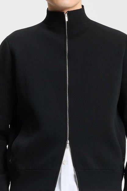 Black Double-Faced Knit Stand Collar Cardigan