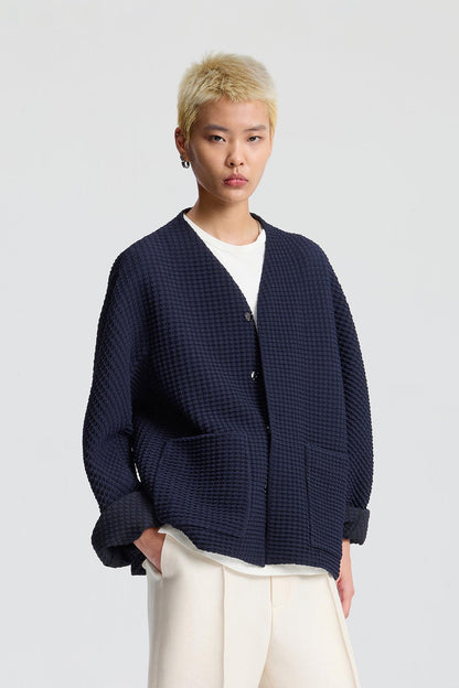 Dark Navy Wool-Blend Cardigan Jacket