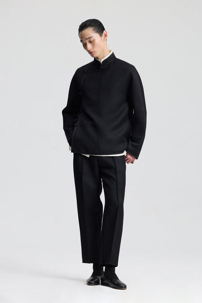 Black Double Face Wool Pipped Chinese Jacket