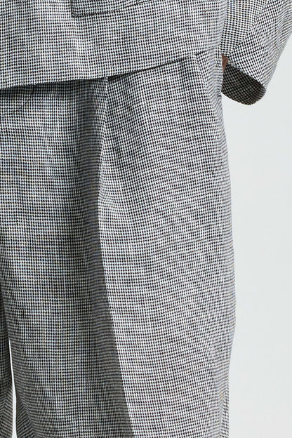 ‌Linen Houndstooth Ankle-Length Tapered Pants