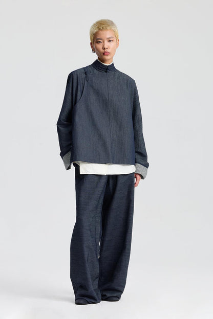 Navy denim Stiffened Drawstring Loose-Fit Trousers