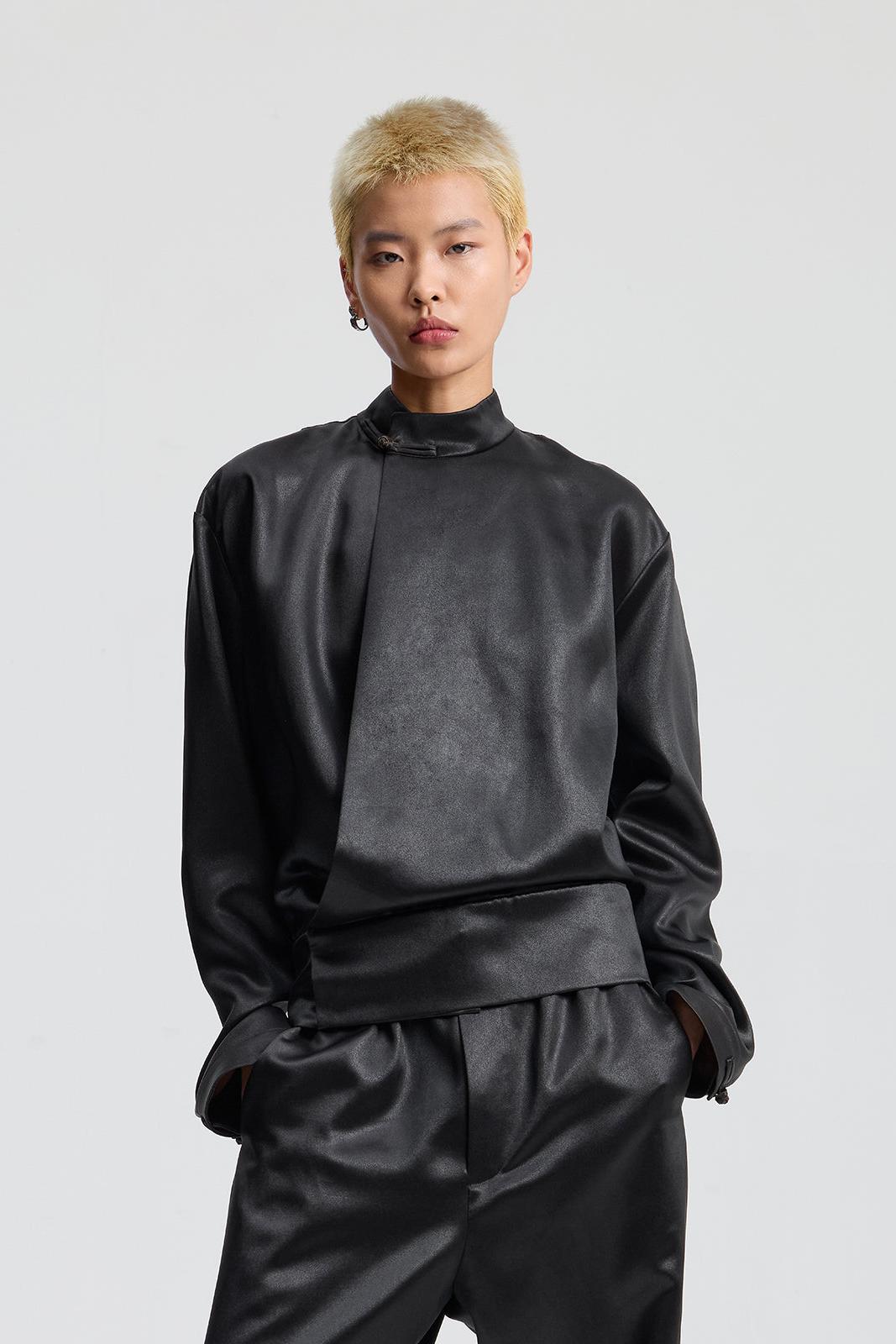 Dark Brown Suangyun Sha Chinese Top with Asymmetric Placket