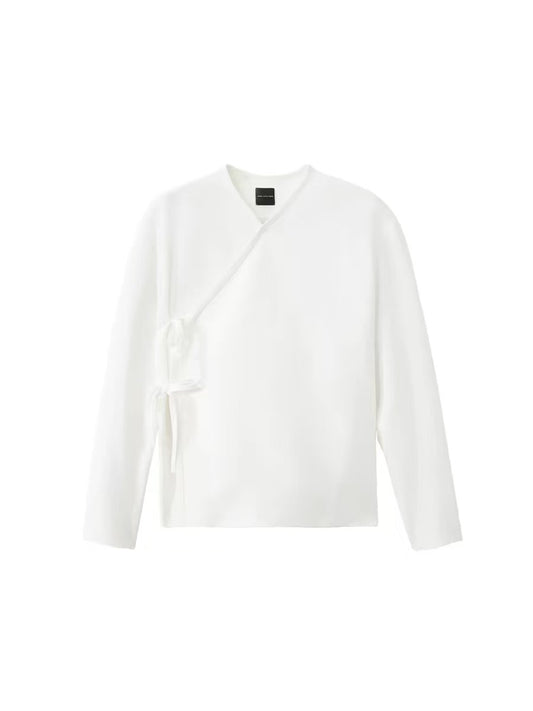 White Silk Blend Chinese Cross Over Shirt