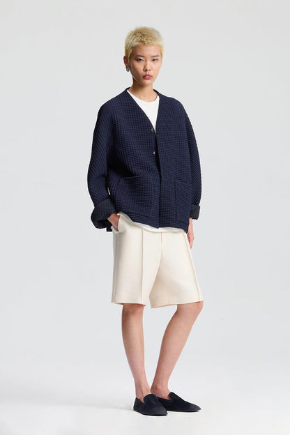 Dark Navy Wool-Blend Cardigan Jacket
