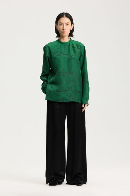 Jade green Chinese silk shirt with embossed print