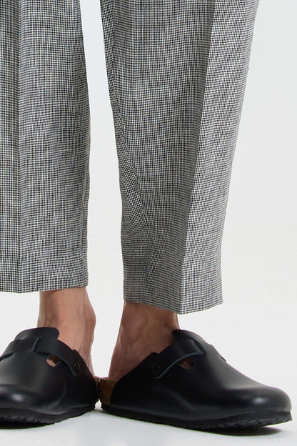 ‌Linen Houndstooth Ankle-Length Tapered Pants