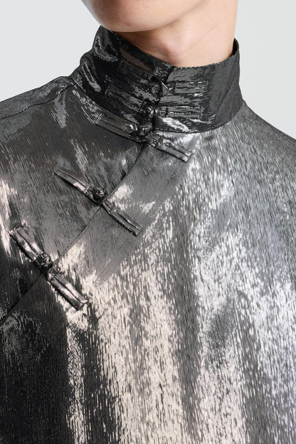 Shimmering Silver Loose-Fit Silk Chinese Shirt