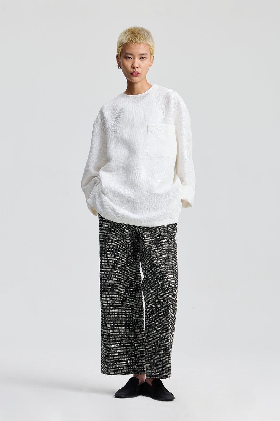 White Leaf Embroidered Round Neck Top