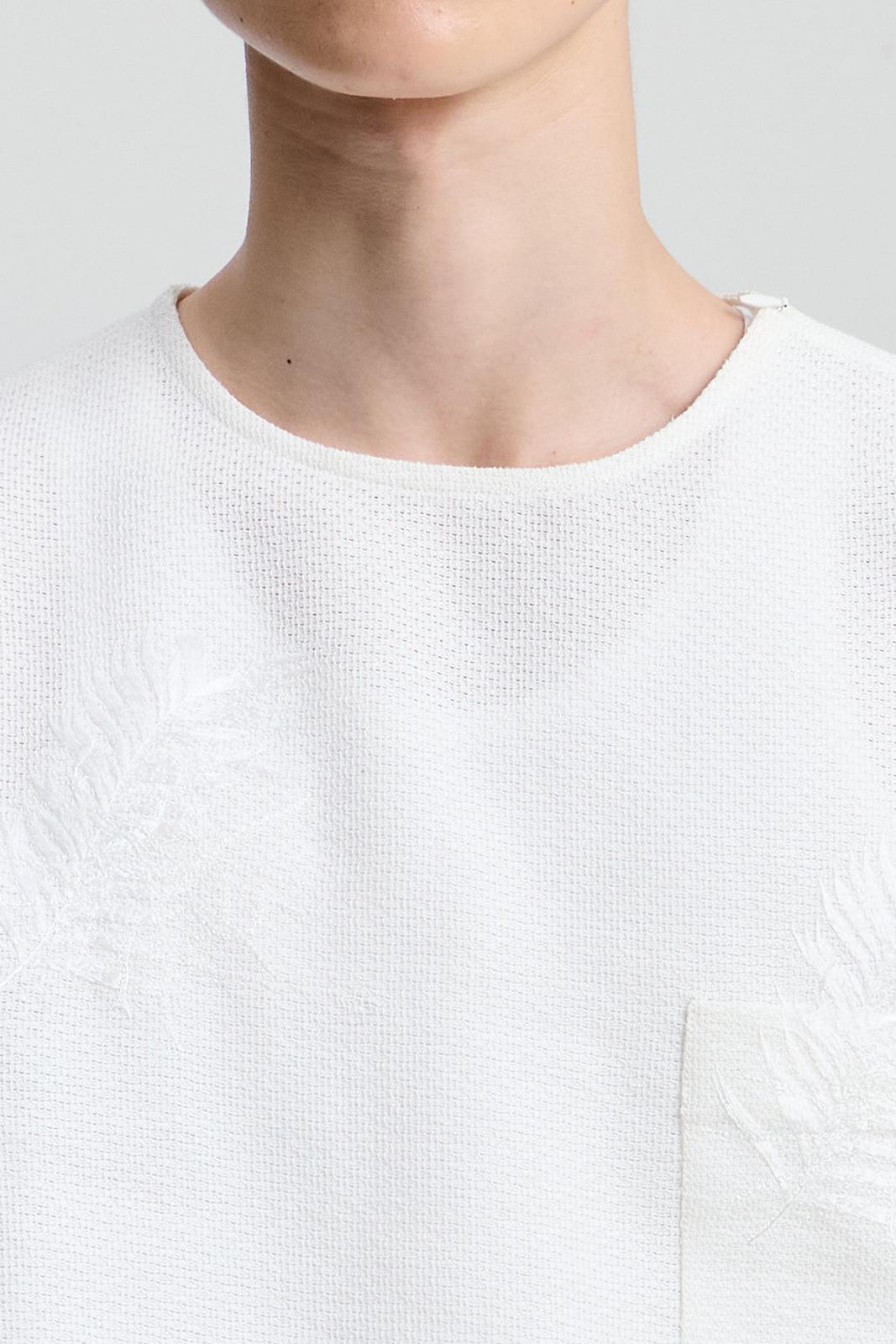 White Leaf Embroidered Round Neck Top
