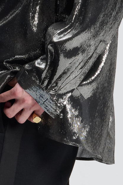 Shimmering Silver Loose-Fit Silk Chinese Shirt