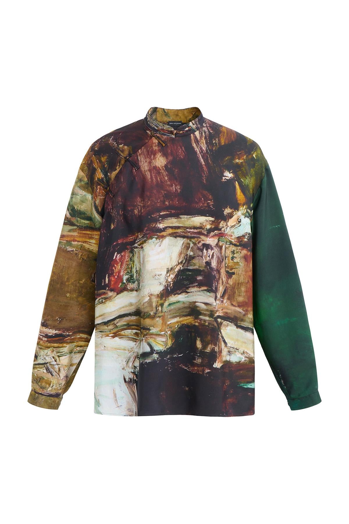Dark Green Dragon Oil Paint  Silk Printed  Chinese Shirt