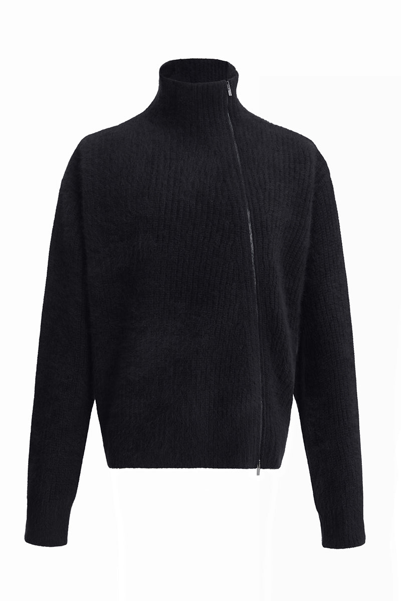 Black Color Slanted Front Zipper Sweater