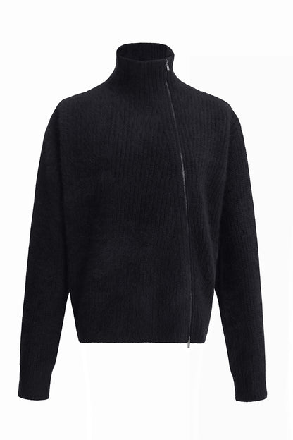 Black Color Slanted Front Zipper Sweater