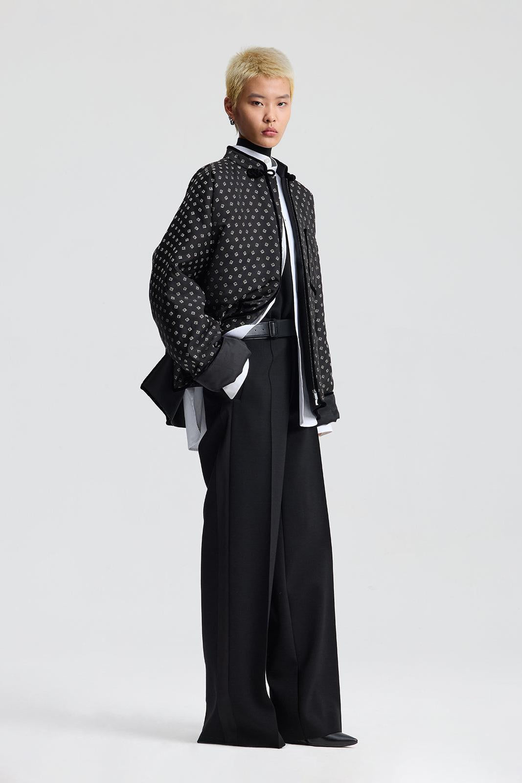 Black Jacquard Silk Padded Jacket with Velvet Pipping