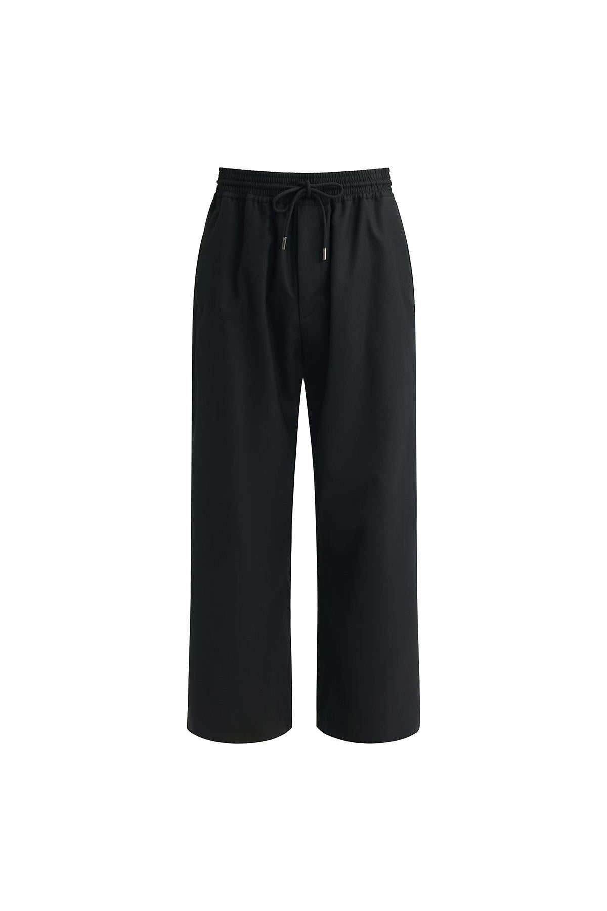 Black Thin Wool Elastic Waist Wide-leg Pants