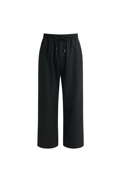 Black Thin Wool Elastic Waist Wide-leg Pants