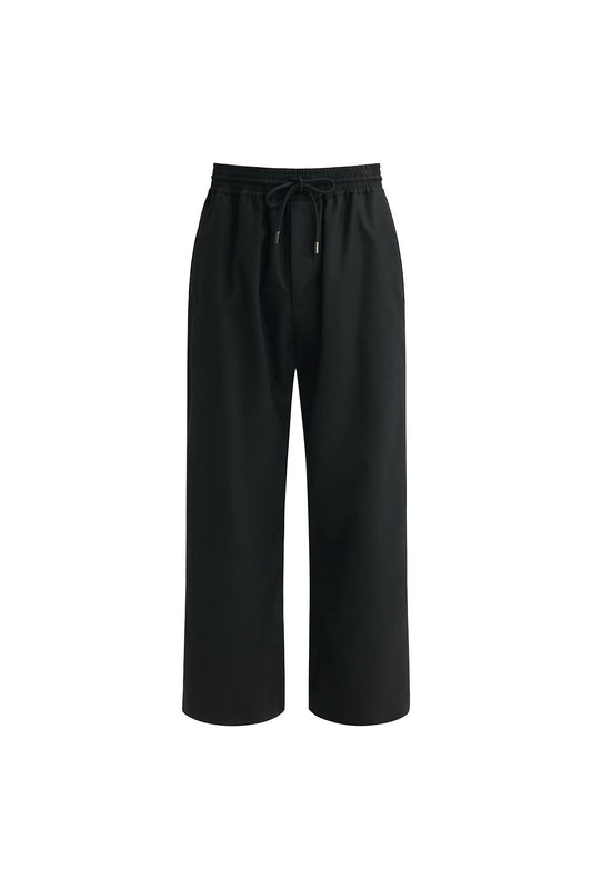 Black Thin Wool Elastic Waist Wide-leg Pants