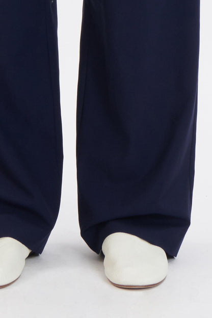 Navy Thin Wool Elastic Waist Wide Leg Pants