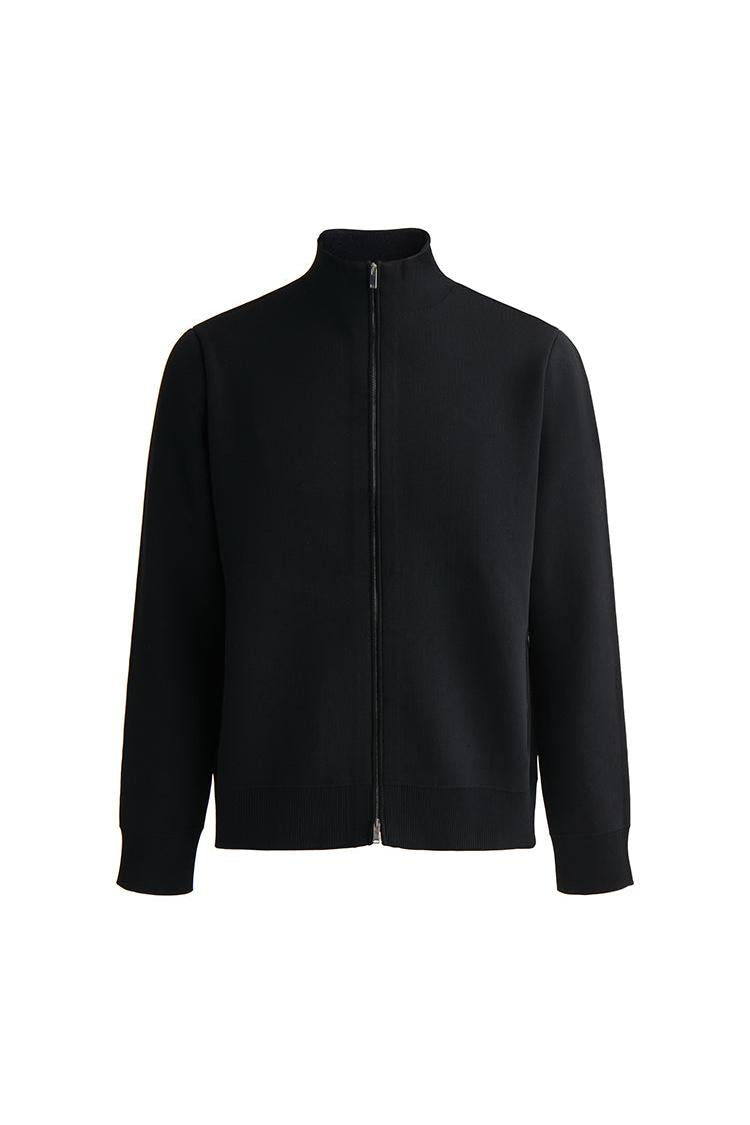 Black Double-Faced Knit Stand Collar Cardigan