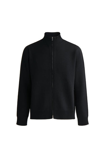 Black Double-Faced Knit Stand Collar Cardigan