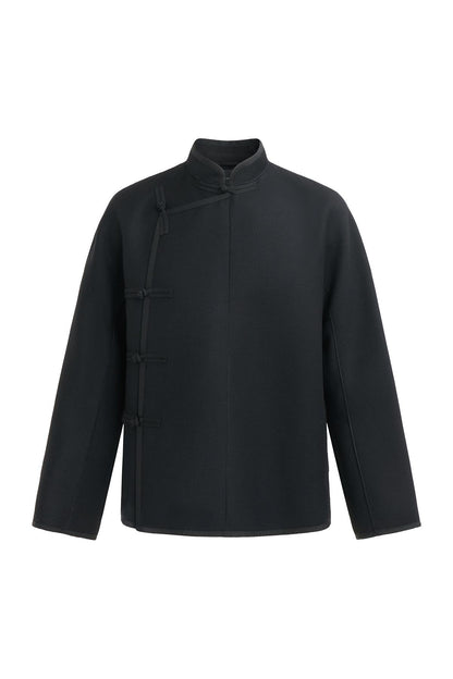 Black Double Face Wool Pipped Chinese Jacket