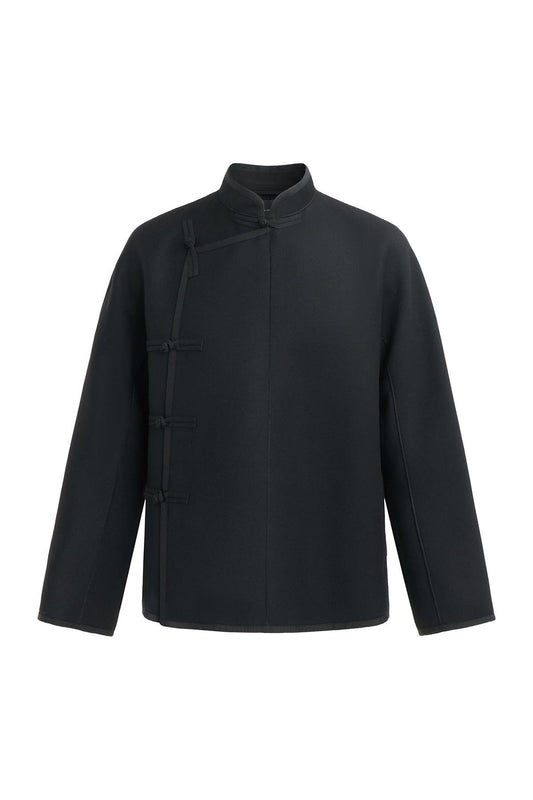 Black Double Face Wool Pipped Chinese Jacket