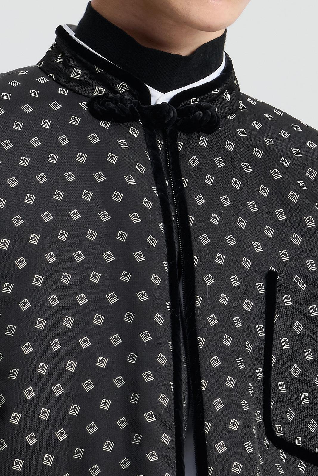 Black Jacquard Silk Padded Jacket with Velvet Pipping