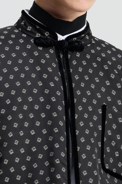 Black Jacquard Silk Padded Jacket with Velvet Pipping