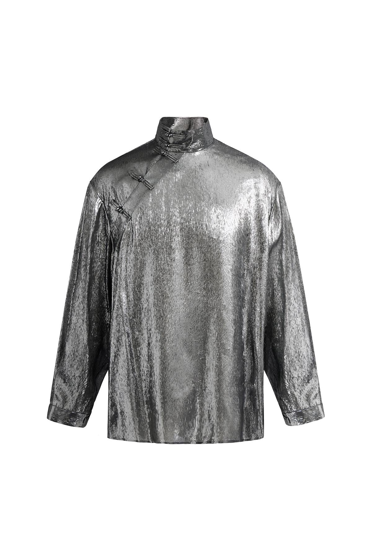Shimmering Silver Loose-Fit Silk Chinese Shirt