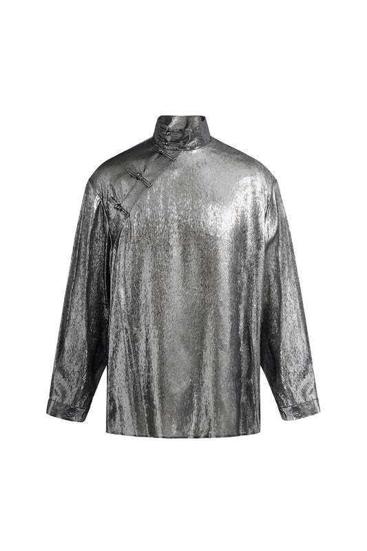 Shimmering Silver Loose-Fit Silk Chinese Shirt