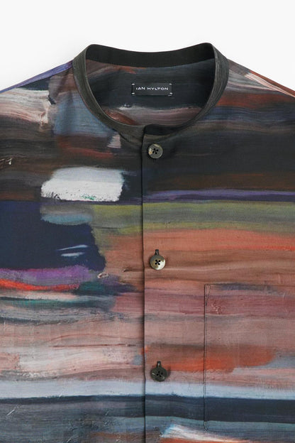 Oil Painting Print Silk Shirt with Band Collar