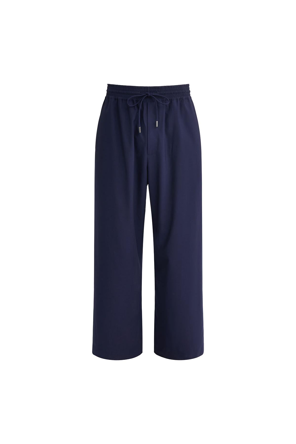 Navy Thin Wool Elastic Waist Wide Leg Pants